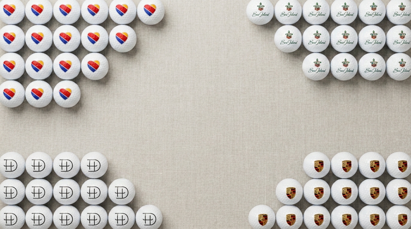 Groups of custom logo golf balls arranged on a tabletop