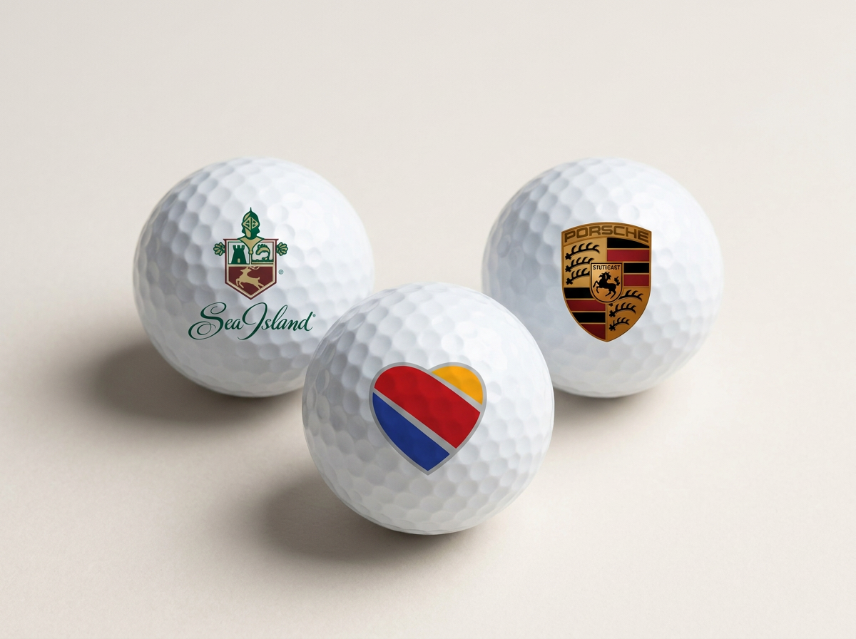 Three individual golf balls featuring the heart, Sea Island, and Porsche logos