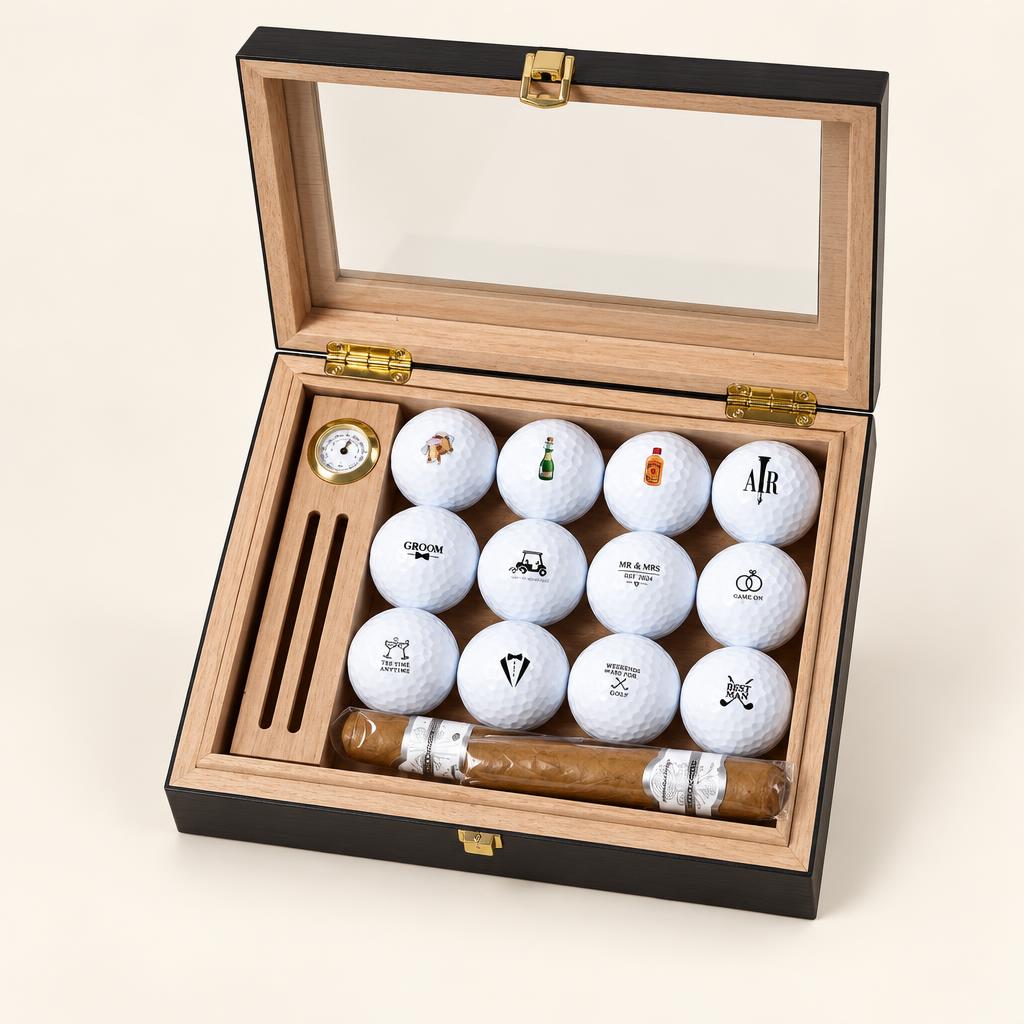Cigar-style box filled with twelve custom golf balls
