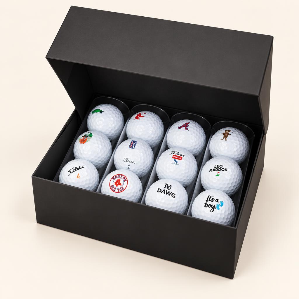 Gift box with four acrylic sleeves of custom golf balls