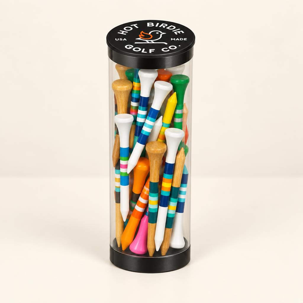 Clear Hot Birdie tube filled with thirty colorful striped golf tees