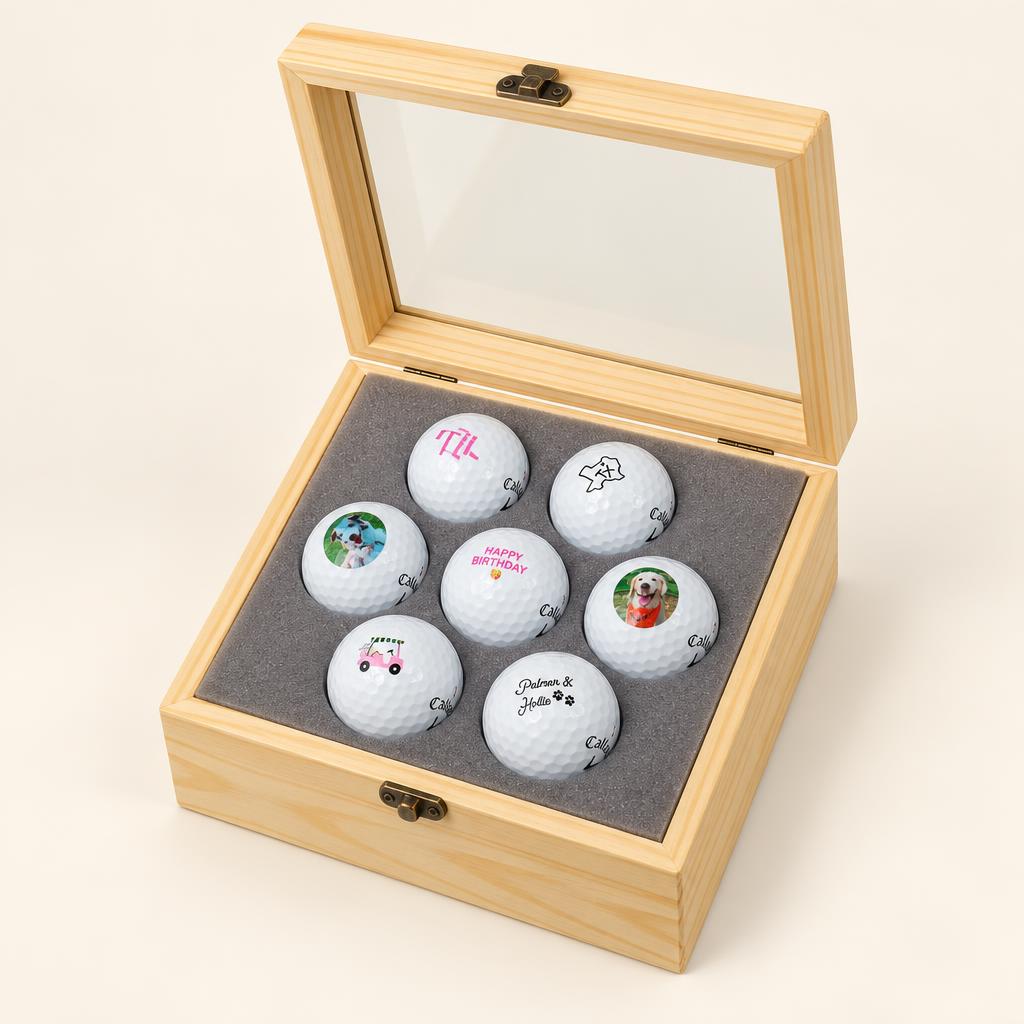 Wooden display box with seven custom golf balls