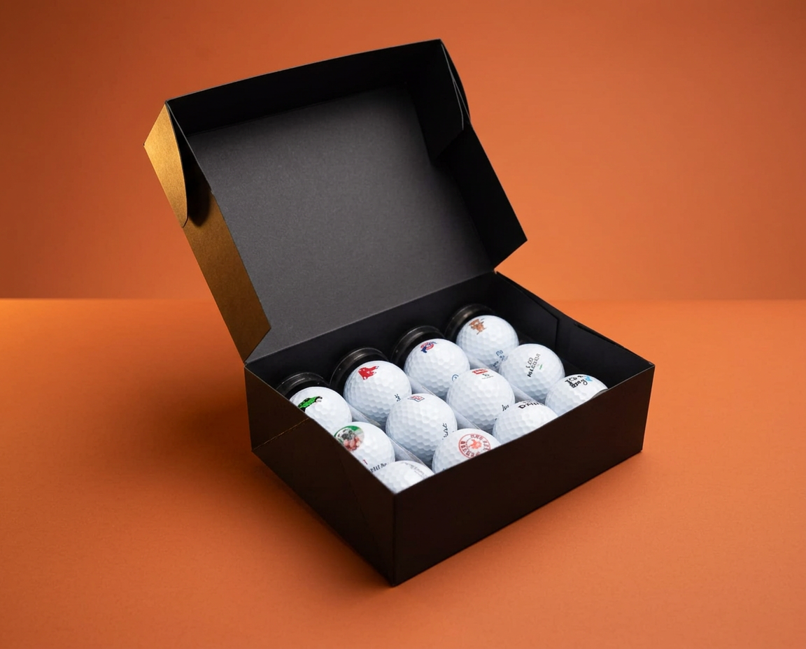 Black gift box with four acrylic sleeves of custom golf balls
