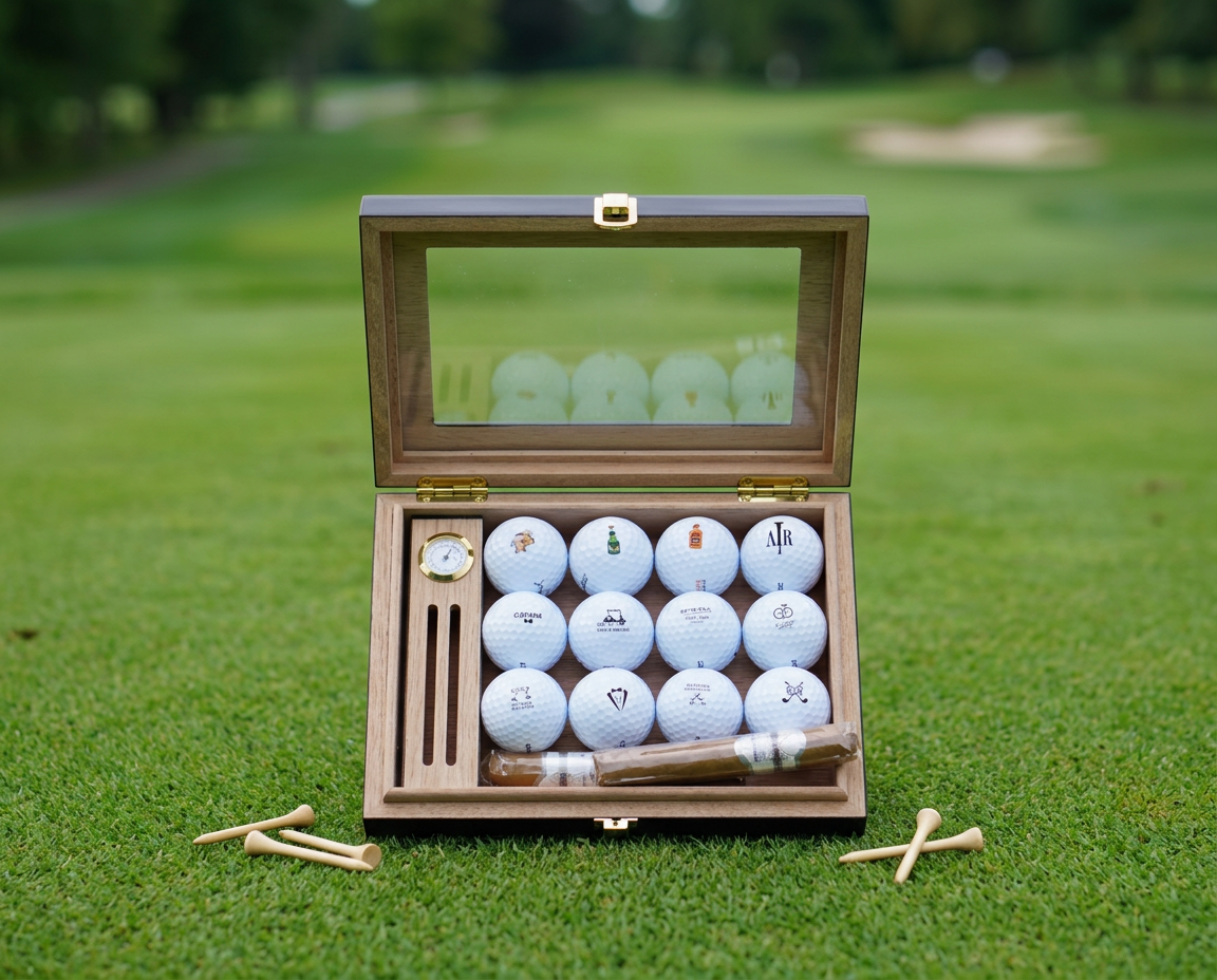 Wooden cigar box of custom golf balls on a golf course